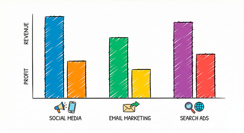 Comparison of three marketing channels by revenue, not just clicks