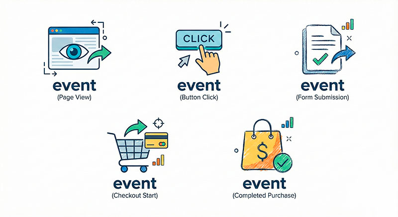 Icons representing different tracked user events on a website