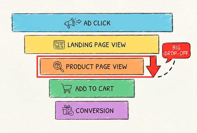 Simple funnel showing user drop-offs at each step
