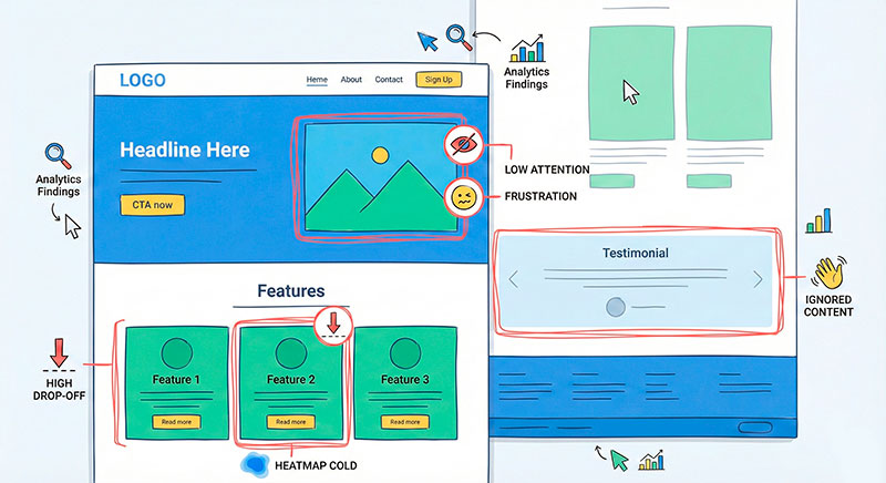 Landing page wireframe with highlighted problem areas