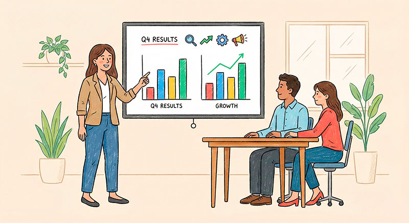 Marketer presenting a simple analytics report to stakeholders