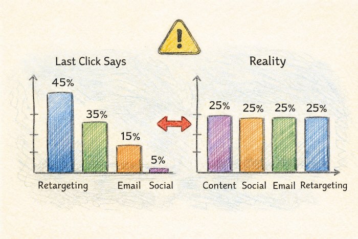 Comparison chart showing last click vs actual channel contribution