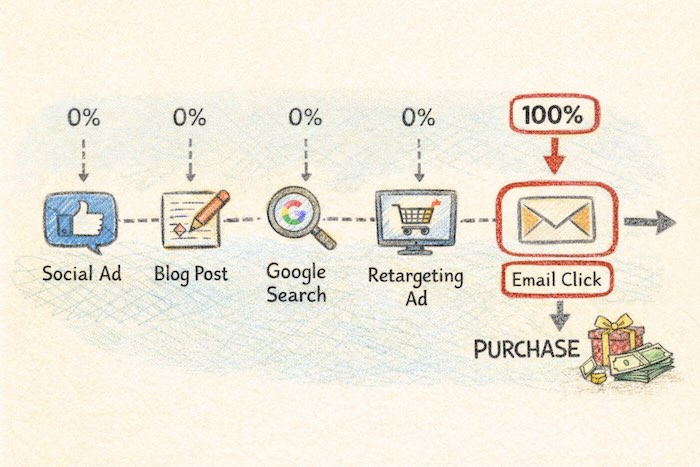 Diagram showing last click attribution giving 100% credit to final touchpoint