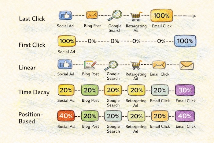Visual comparison of five attribution models showing how credit is distributed