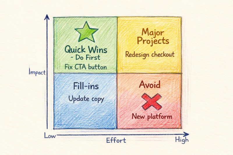 Impact vs effort matrix showing which funnel fixes to prioritize