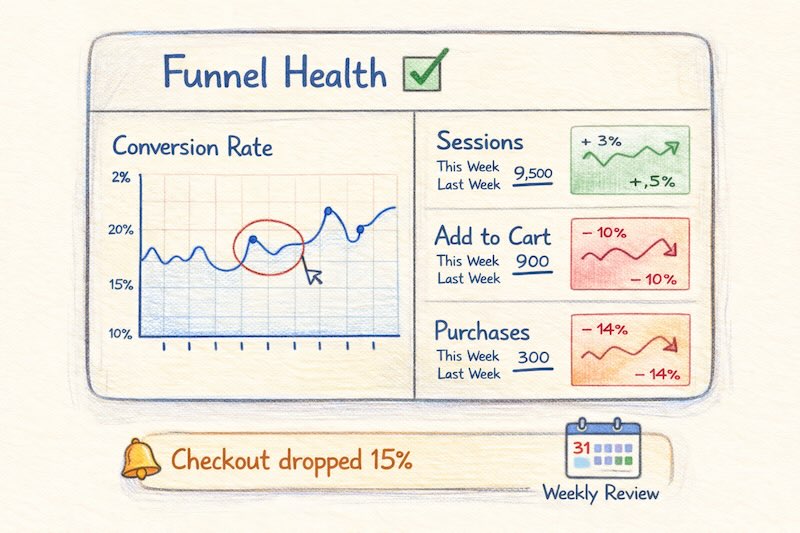 Funnel monitoring dashboard showing weekly metrics and alerts