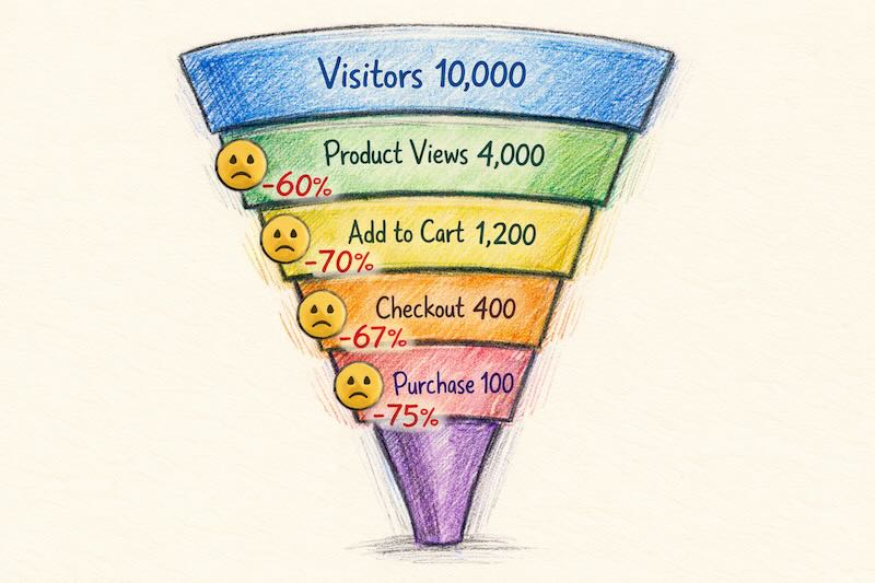 Conversion funnel showing user drop-off percentages at each stage
