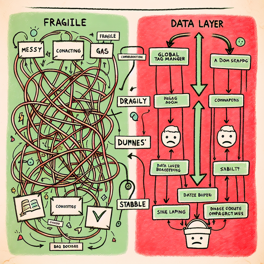 Comparison of DOM scraping vs data layer approach showing fragile vs stable tracking