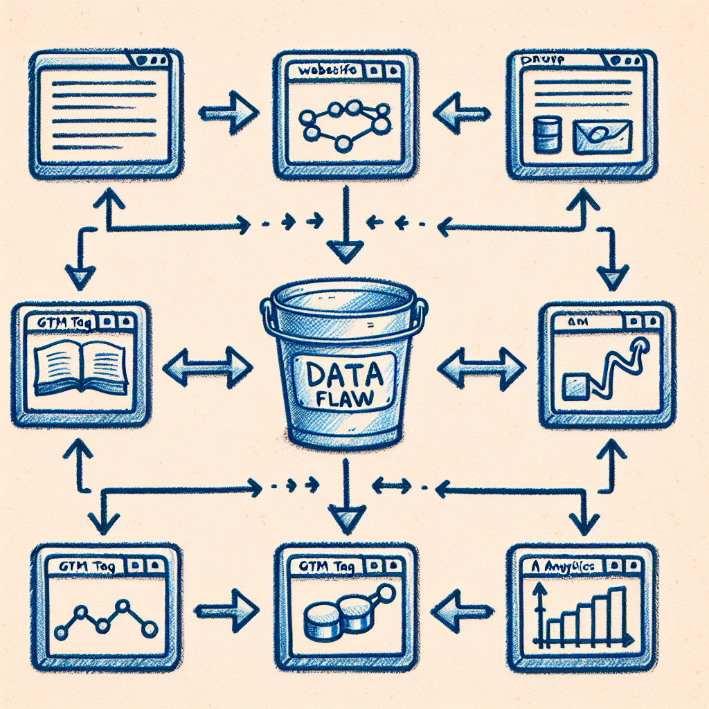 Data layer diagram showing website pushing data to GTM and analytics platforms