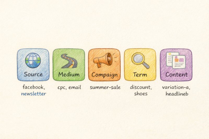 Five UTM parameters illustrated with icons showing source, medium, campaign, term, and content