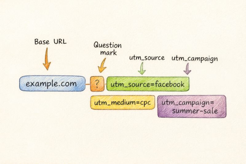 UTM parameters anatomy showing URL structure with source, medium, and campaign tags