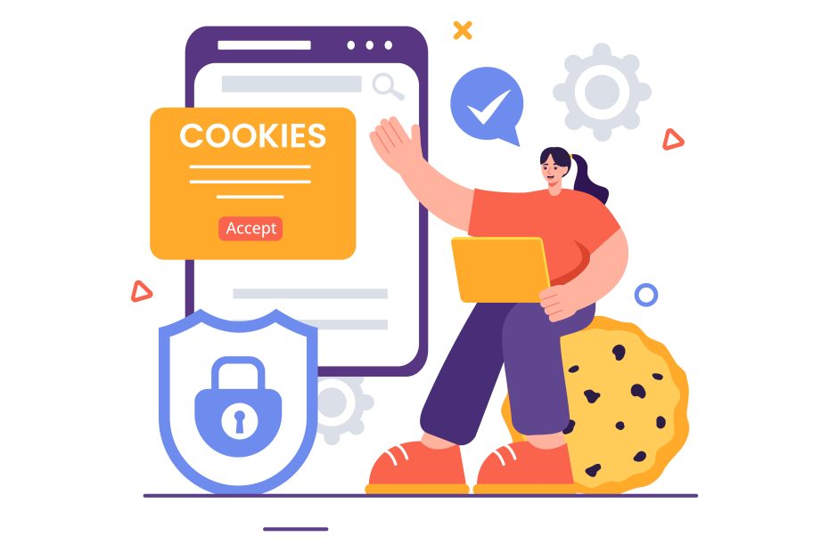 Laptop showing cookieless analytics dashboard with privacy shield illustration