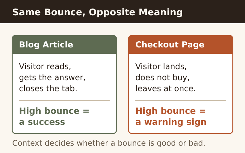 Comparison showing the same high bounce rate means success on a blog article but a warning sign on a checkout page.